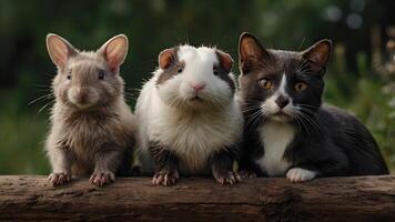 Cute Guinea Pig, Cat and Rabbit Posing Together on a Wooden Log photo