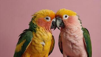 Affectionate Caique Parrots Bonding on a Pink Background photo