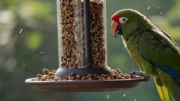 Green Parrot Enjoying Seeds From Bird Feeder photo