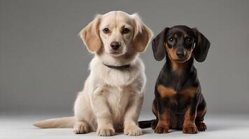 Two Adorable Puppies Sitting Together in a Studio photo