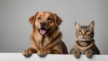Golden Retriever and Tabby Cat Posing Above a White Banner photo