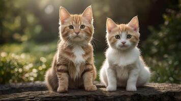 Two Adorable Kittens Relaxing on a Tree Stump in a Sunny Forest photo