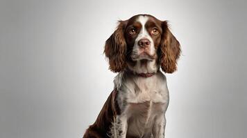 Adorable Brown and White Dog Posing Against a White Background photo