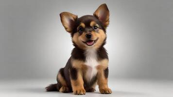 Adorable Brown and White Puppy Sitting on a Grey Background photo