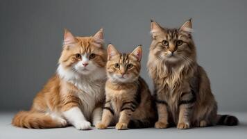 Three Adorable Kittens Sitting Together on a Grey Background photo