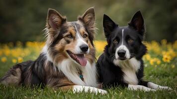 Tabby Cat and Border Collie Dog Relaxing in a Field of Yellow Flowers photo