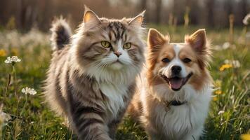 A Fluffy Cat and Cheerful Dog Enjoy a Sunny Spring Stroll Through a Meadow photo