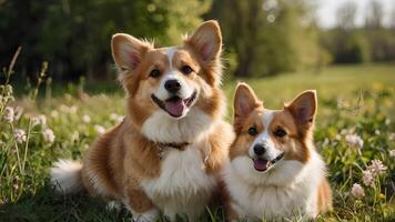 Happy Corgi and Fluffy Dog Enjoying Spring Meadow photo