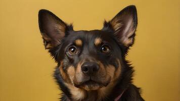 Black And Brown Dog Portrait On A Yellow Background photo