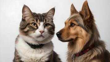 Cat and Dog Looking at Each Other On A White Background photo