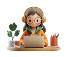 3d icon Happy student using laptop for online education, wearing headphones and sitting at desk with books and coffee in 3d render on transparent background png