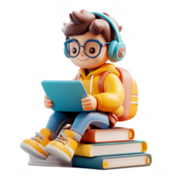 3d icon man of a happy student with a tablet and headphones sitting on books, against a transparent background png