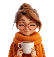 3d icon Happy woman in an orange sweater and glasses savoring a cup of hot chocolate coffee against a transparent background png