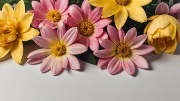 Pink and Yellow Dahlias Flower Arrangement with Copy Space photo