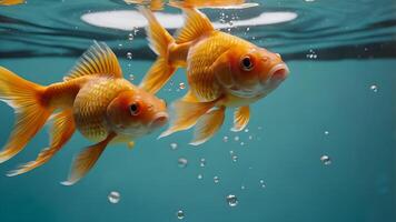 Two Goldfish Jumping Out of Water With Bubbles Around Them photo