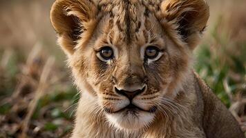 Adorable Lion Cub Close Up Portrait in Grassland photo