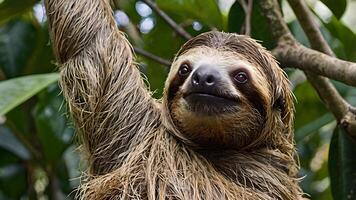 Adorable Three Toed Sloth Hanging on Tree Branch in Lush Rainforest photo