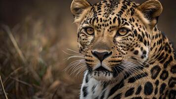 Majestic Leopard Portrait in Autumnal Grassland photo