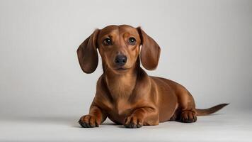 Adorable Red Dachshund Puppy Posing on White Background photo