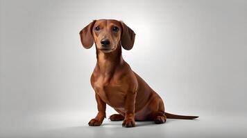Adorable Red Dachshund Dog Sitting on Gray Background photo