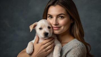 Woman Gently Cradles Adorable Puppy Against Dark Background photo