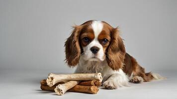 Cavalier King Charles Spaniel Puppy with Bone Treat on Gray Background photo