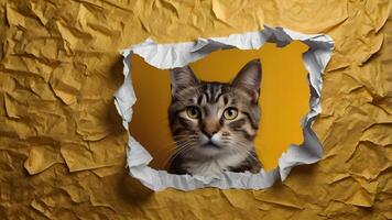 Curious Cat Peeking Through Torn Paper on Yellow Background photo