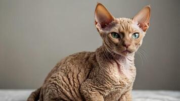 Adorable Devon Rex Cat Posing Against Soft Background photo