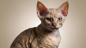 Adorable Devon Rex Kitten Posing Against Soft Beige Background photo