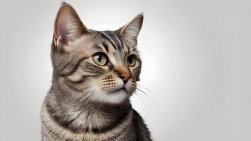 Adorable Grey Tabby Cat Portrait Against White Background photo