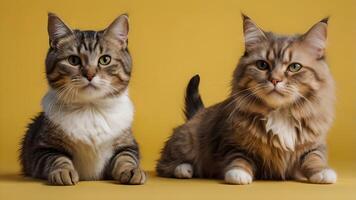 Two Adorable Cats Posing on Yellow Background photo