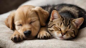 Adorable Puppy and Kitten Napping Together on Soft Blanket photo