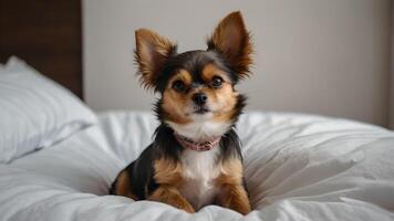 Adorable Small Dog Relaxing on White Bed photo