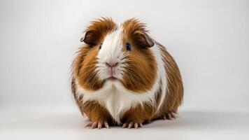 Adorable Fluffy Brown and White Guinea Pig on White Background photo