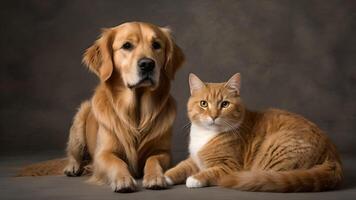 Golden Retriever and Ginger Cat Posing Together photo