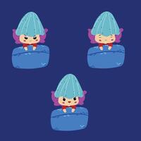 Three mushroom chibi expressions when going to bed after work... angry, grumpy, happy, comfortable and sad vector