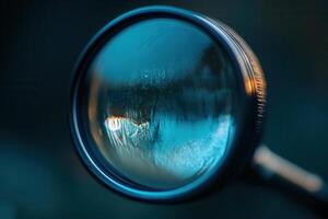A magnifying glass is shown in front of a dark background photo