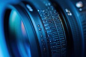 A close up of a camera lens with water droplets on it photo