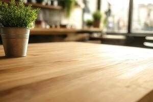 A wooden table with a plant in a pot photo