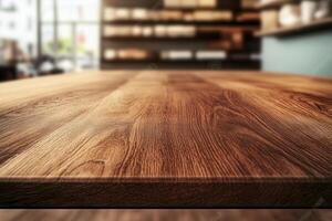 Wooden table top with blurred background photo