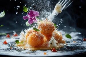 A fork is being used to sprinkle food on a plate photo
