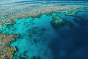 Aerial view of vibrant coral reefs and ocean waters. photo