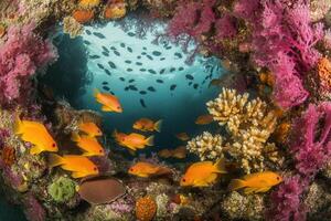 Colorful underwater scene with vibrant coral and fish. photo