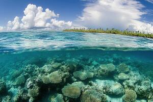 Coral reef under clear water with a tropical island backdrop. photo