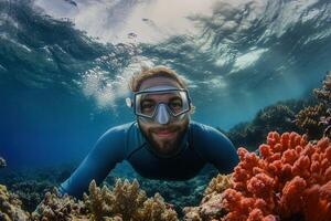 Diver smiling underwater with colorful coral reef. photo
