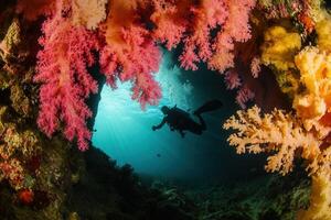 Diver exploring vibrant coral reef underwater. photo