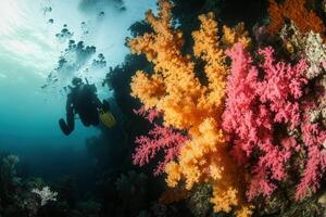Diver exploring vibrant coral reef underwater. photo