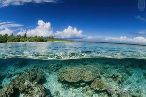 Serene underwater scene with coral and clear waters. photo