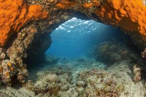 Underwater arch with coral formations and sandy floor. photo