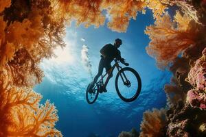 Cyclist underwater surrounded by colorful coral reefs. photo